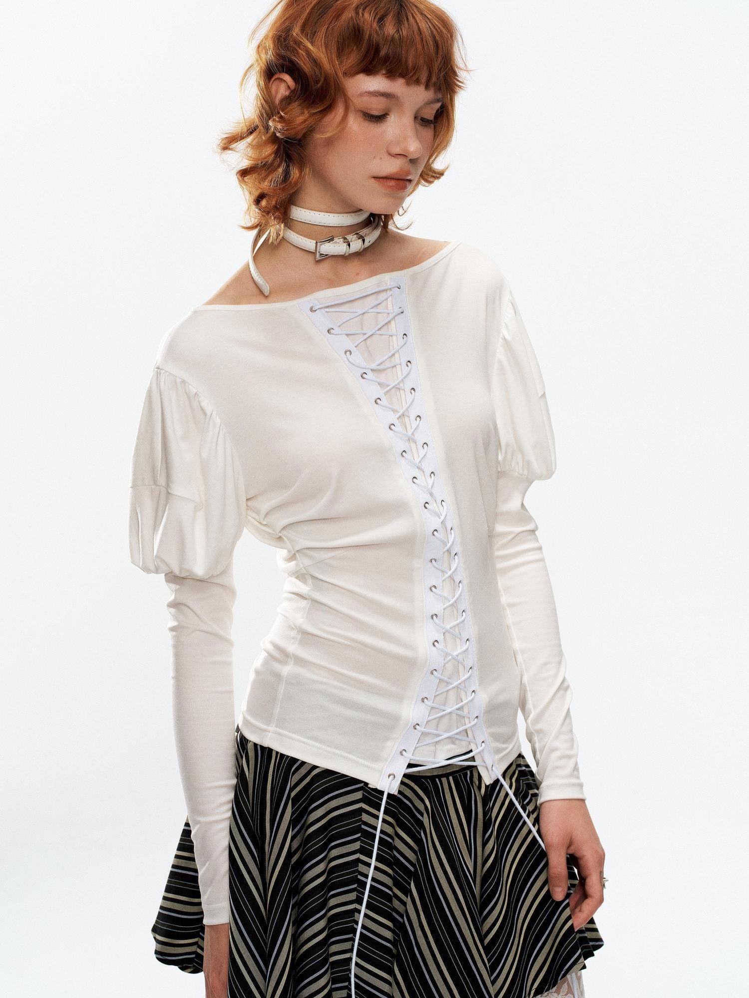 YOSHUYUKI Vintage Court Lace Up Bardot Women&