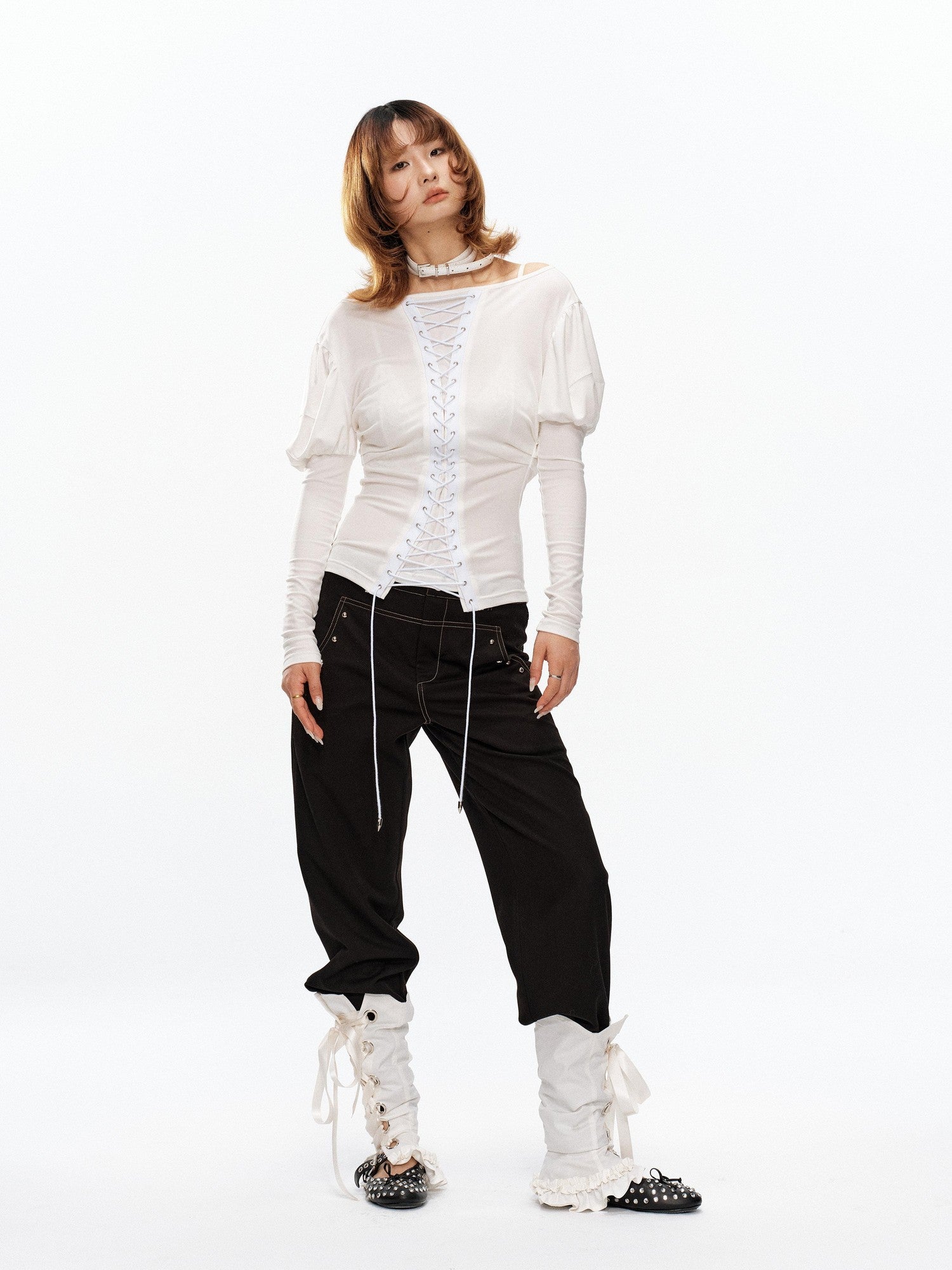 YOSHUYUKI Vintage Court Lace Up Bardot Women&