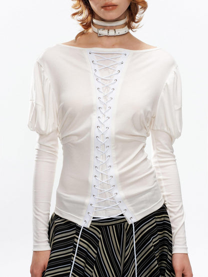 YOSHUYUKI Vintage Court Lace Up Bardot Women&