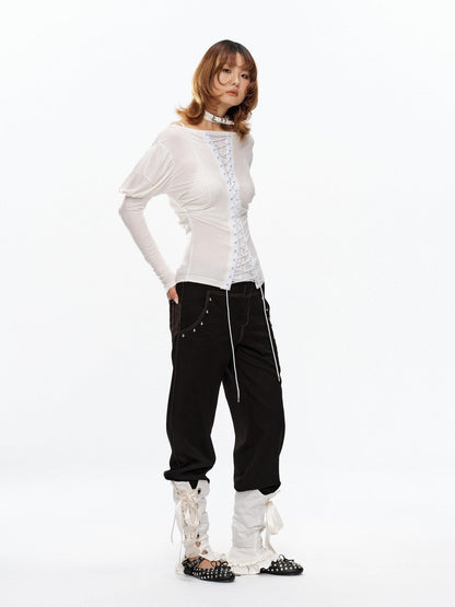 YOSHUYUKI Vintage Court Lace Up Bardot Women&