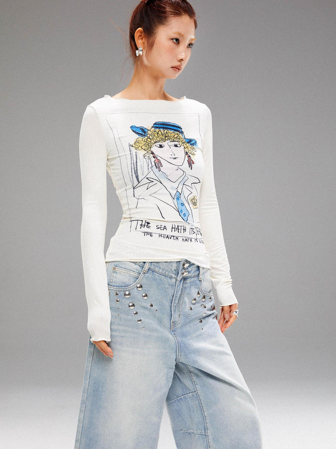 YOSHUYUKI Vintage Navy Art Print Knit Top