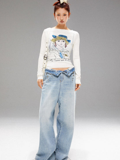 YOSHUYUKI Vintage Navy Art Print Knit Top
