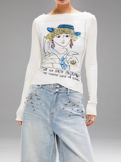 YOSHUYUKI Vintage Navy Art Print Knit Top