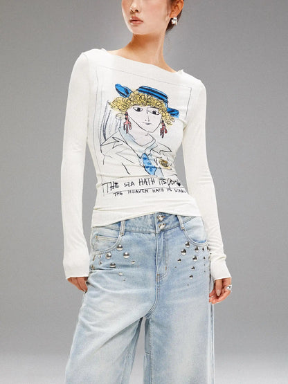 Vintage Navy Art Print Knit Top