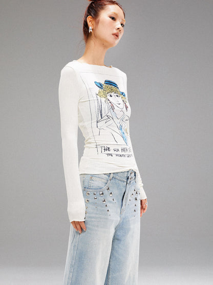 YOSHUYUKI Vintage Navy Art Print Knit Top