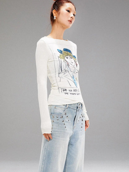 Vintage Navy Art Print Knit Top