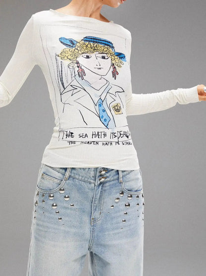 Vintage Navy Art Print Knit Top