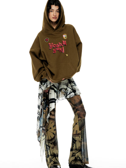 YOSHUYUKI Vintage Oversized Army Green Hoodie With Graphic Print