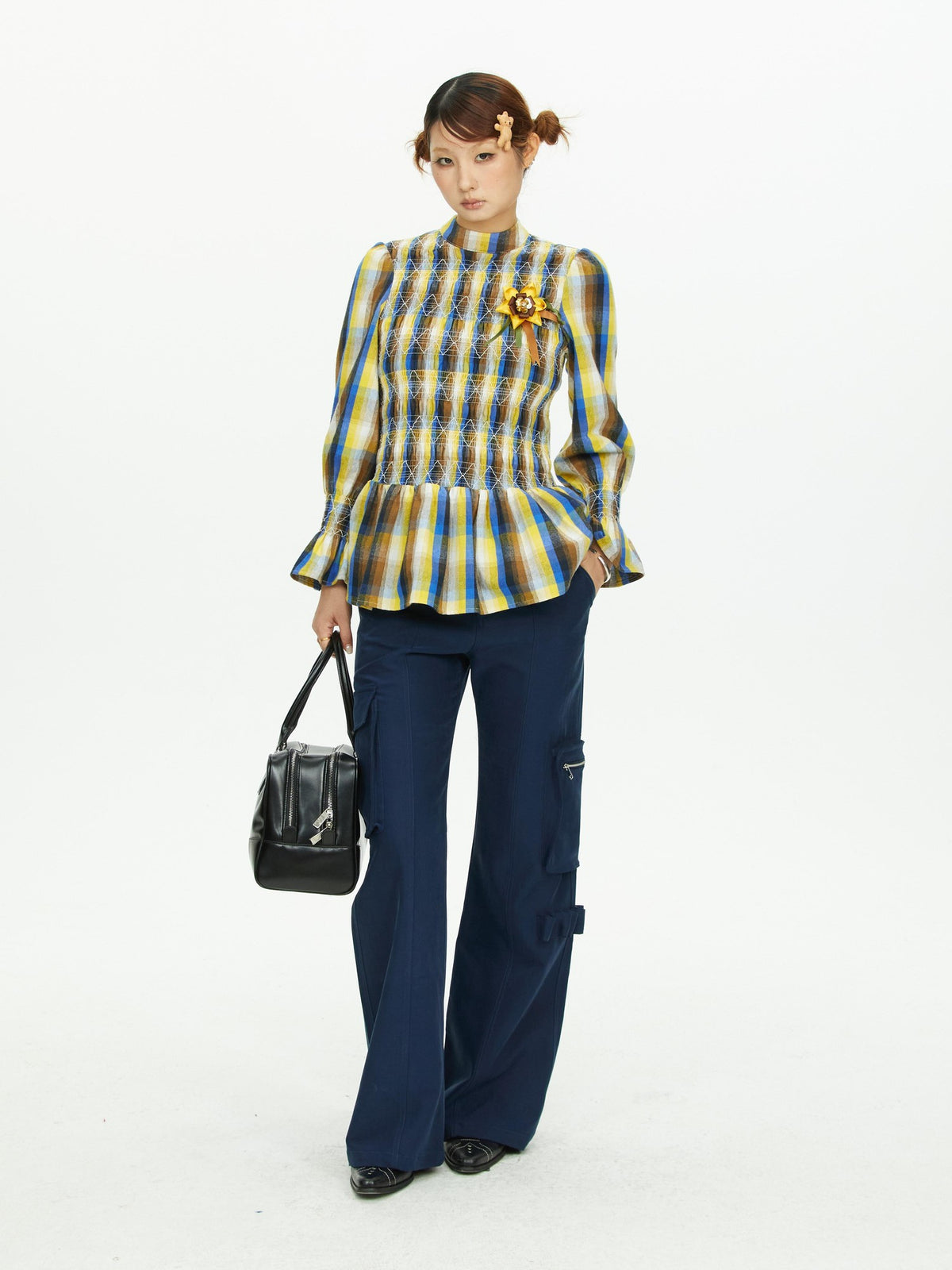 YOSHUYUKI Vintage Plaid Shirred Ruffle Trim Contrast Long Sleeve Women&
