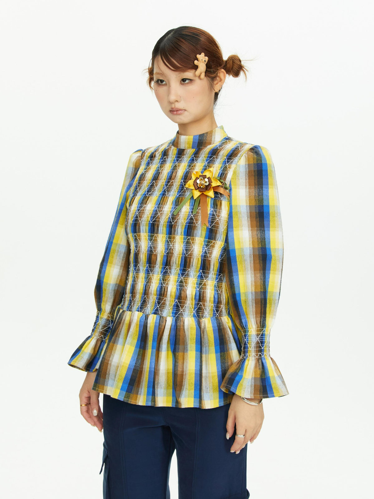 YOSHUYUKI Vintage Plaid Shirred Ruffle Trim Contrast Long Sleeve Women&