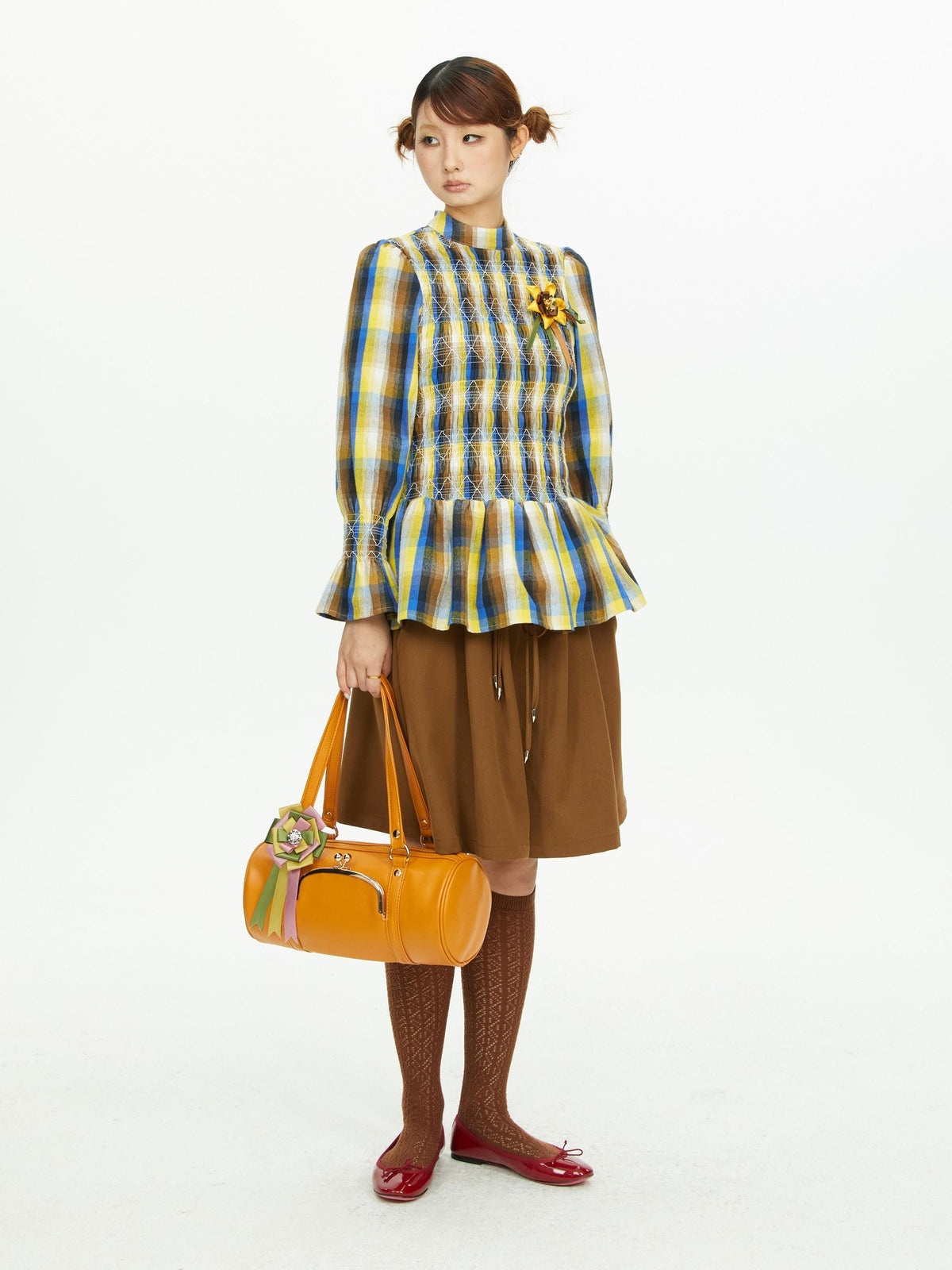 YOSHUYUKI Vintage Plaid Shirred Ruffle Trim Contrast Long Sleeve Women&