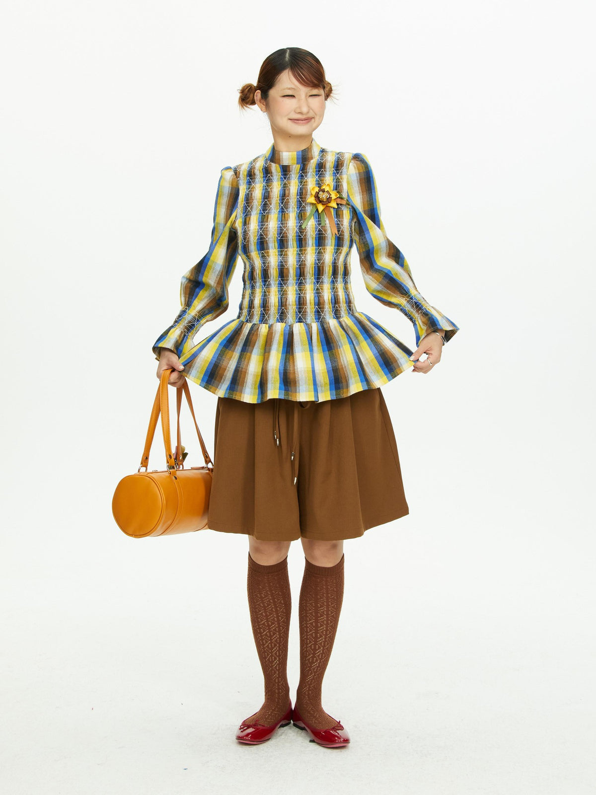 YOSHUYUKI Vintage Plaid Shirred Ruffle Trim Contrast Long Sleeve Women&
