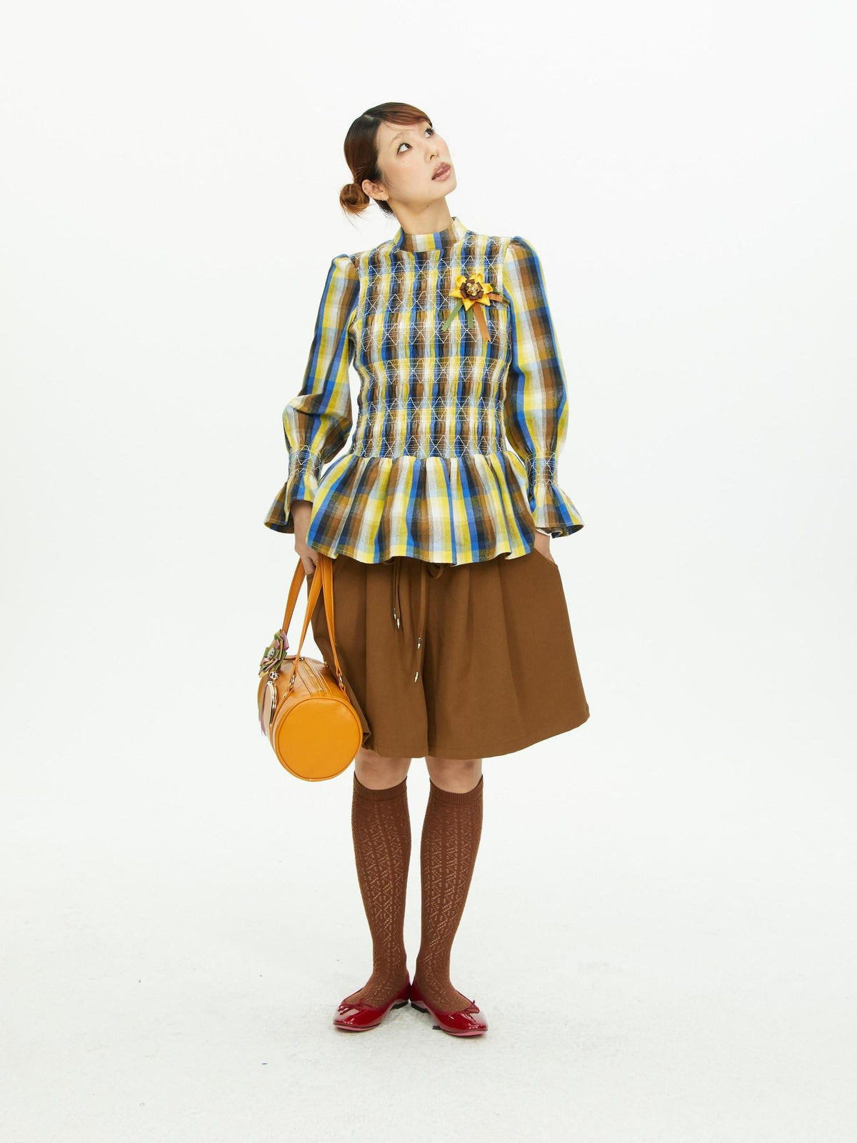YOSHUYUKI Vintage Plaid Shirred Ruffle Trim Contrast Long Sleeve Women&