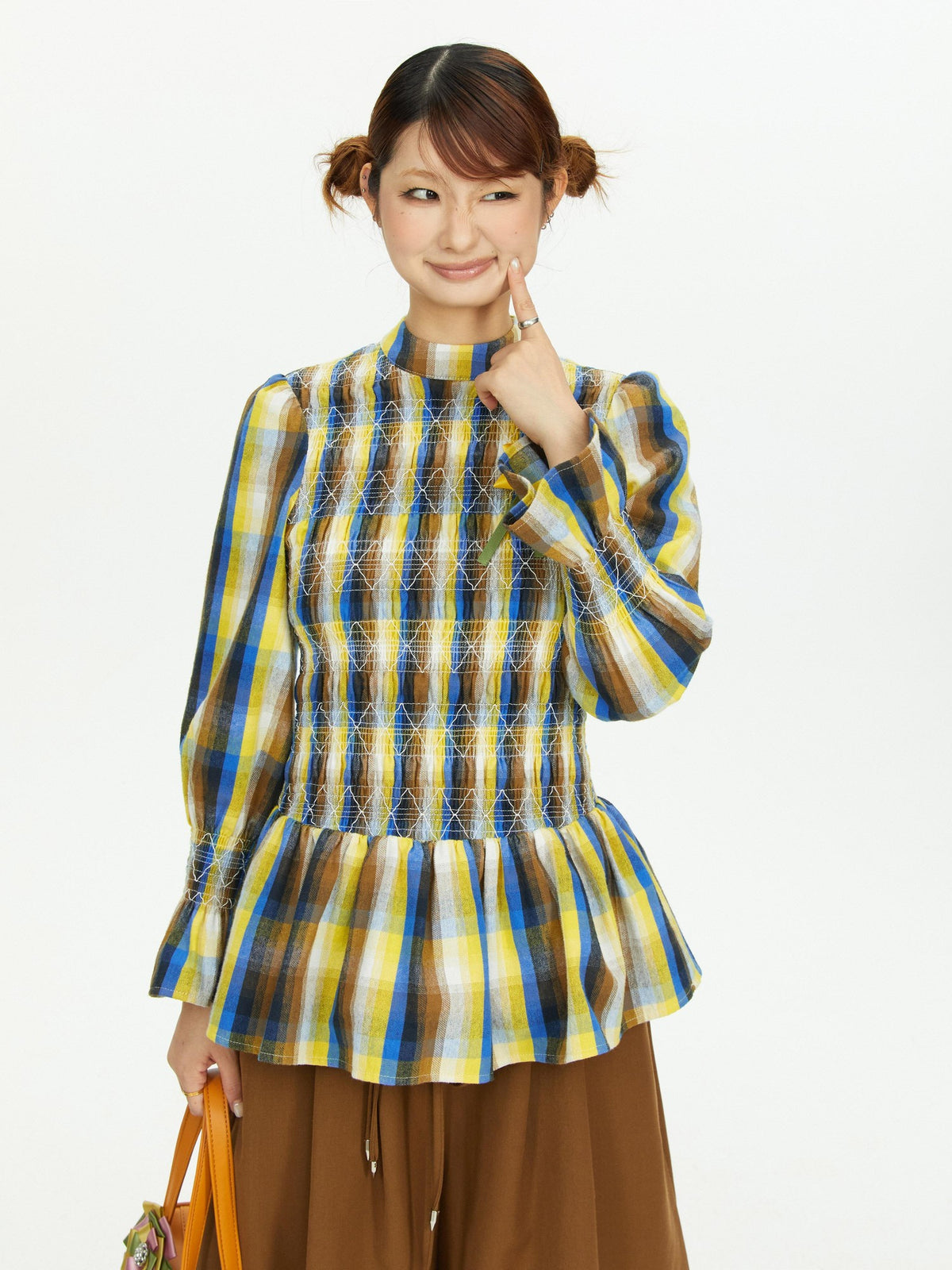 YOSHUYUKI Vintage Plaid Shirred Ruffle Trim Contrast Long Sleeve Women&