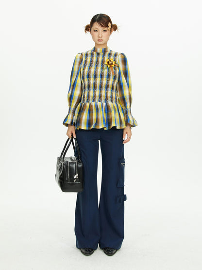 YOSHUYUKI Vintage Plaid Shirred Ruffle Trim Contrast Long Sleeve Women&