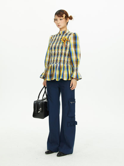 YOSHUYUKI Vintage Plaid Shirred Ruffle Trim Contrast Long Sleeve Women&