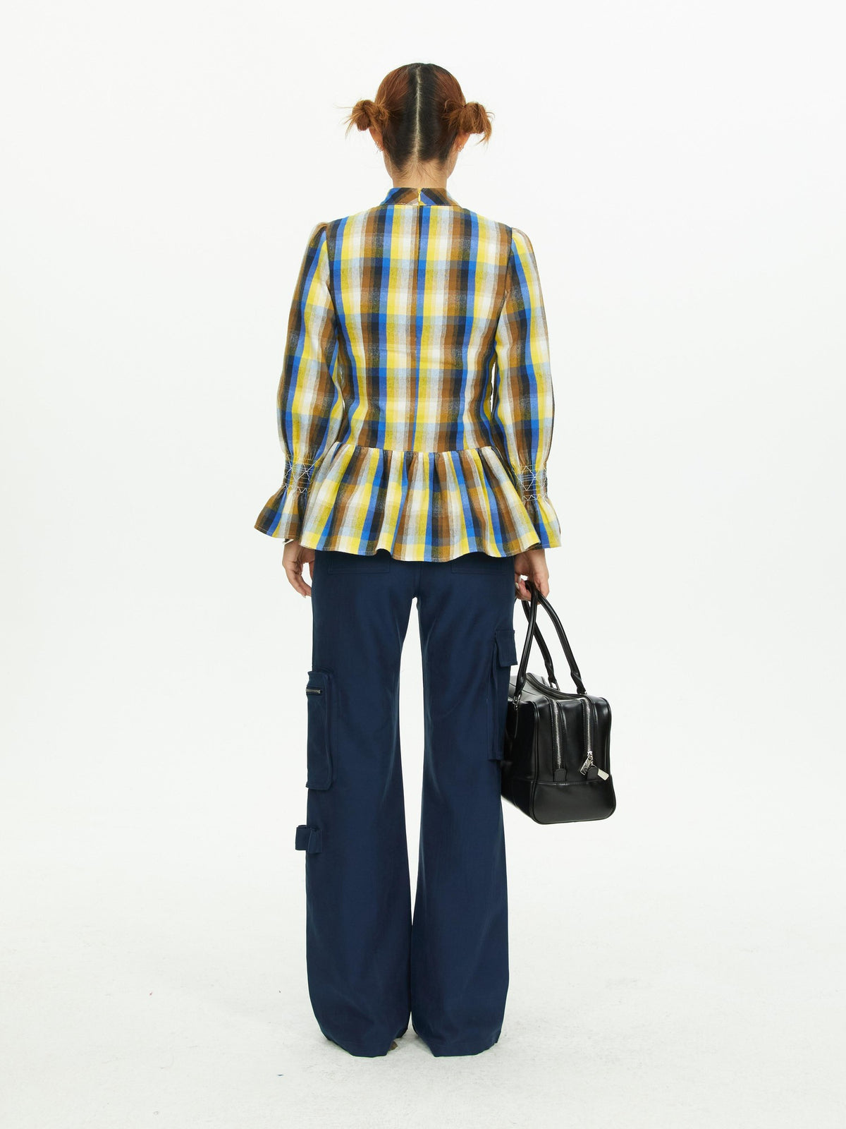 YOSHUYUKI Vintage Plaid Shirred Ruffle Trim Contrast Long Sleeve Women&