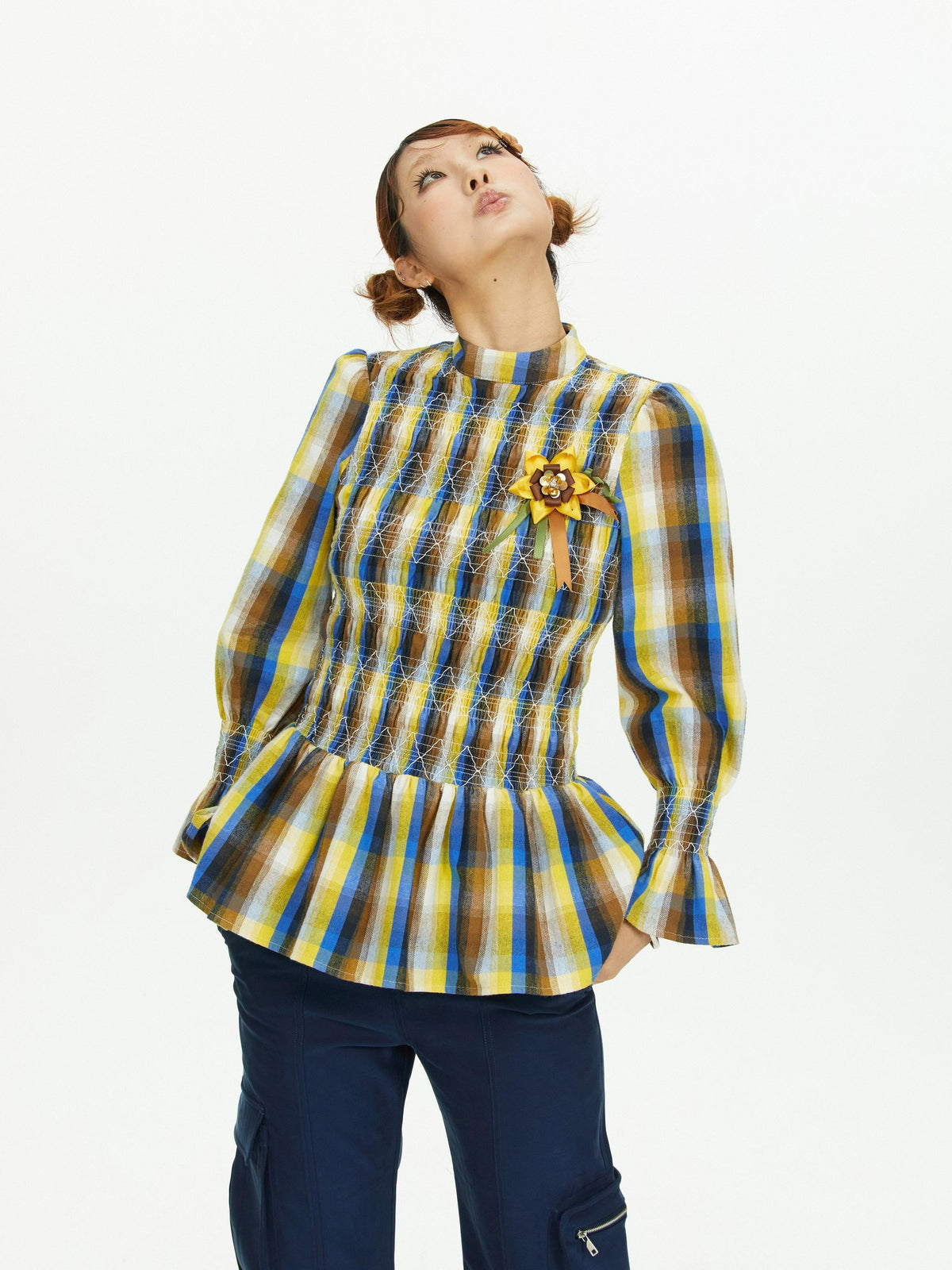 YOSHUYUKI Vintage Plaid Shirred Ruffle Trim Contrast Long Sleeve Women&