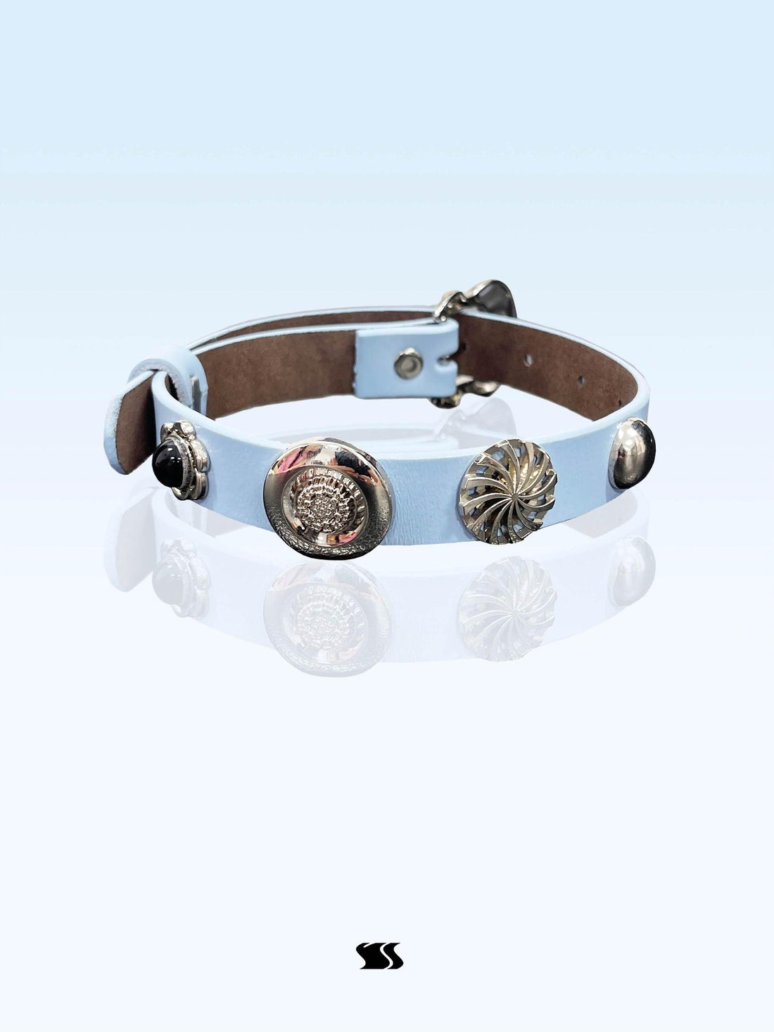 YOSHUYUKI Vintage Punk Blue Leather Collar Choker with Studs