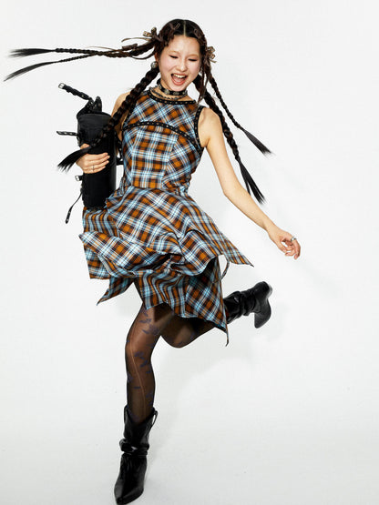 YOSHUYUKI Vintage Punk Plaid Asymmetrical Layered Skirt