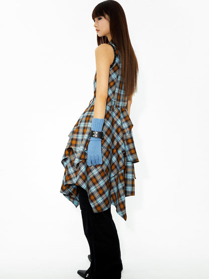 YOSHUYUKI Vintage Punk Plaid Asymmetrical Layered Skirt