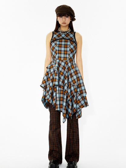 YOSHUYUKI Vintage Punk Plaid Asymmetrical Layered Skirt