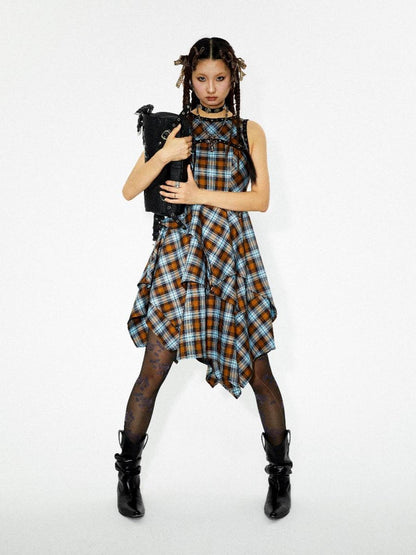 YOSHUYUKI Vintage Punk Plaid Asymmetrical Layered Skirt