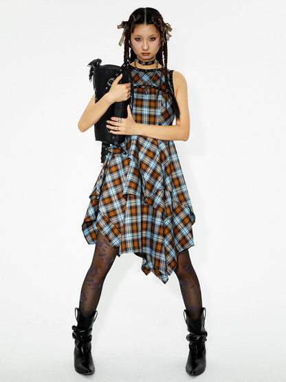 YOSHUYUKI Vintage Punk Plaid Asymmetrical Layered Skirt