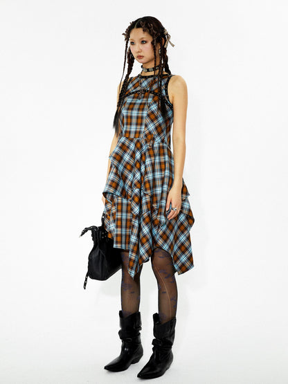 YOSHUYUKI Vintage Punk Plaid Asymmetrical Layered Skirt