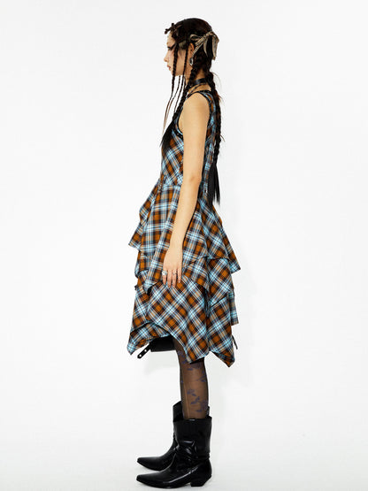 YOSHUYUKI Vintage Punk Plaid Asymmetrical Layered Skirt
