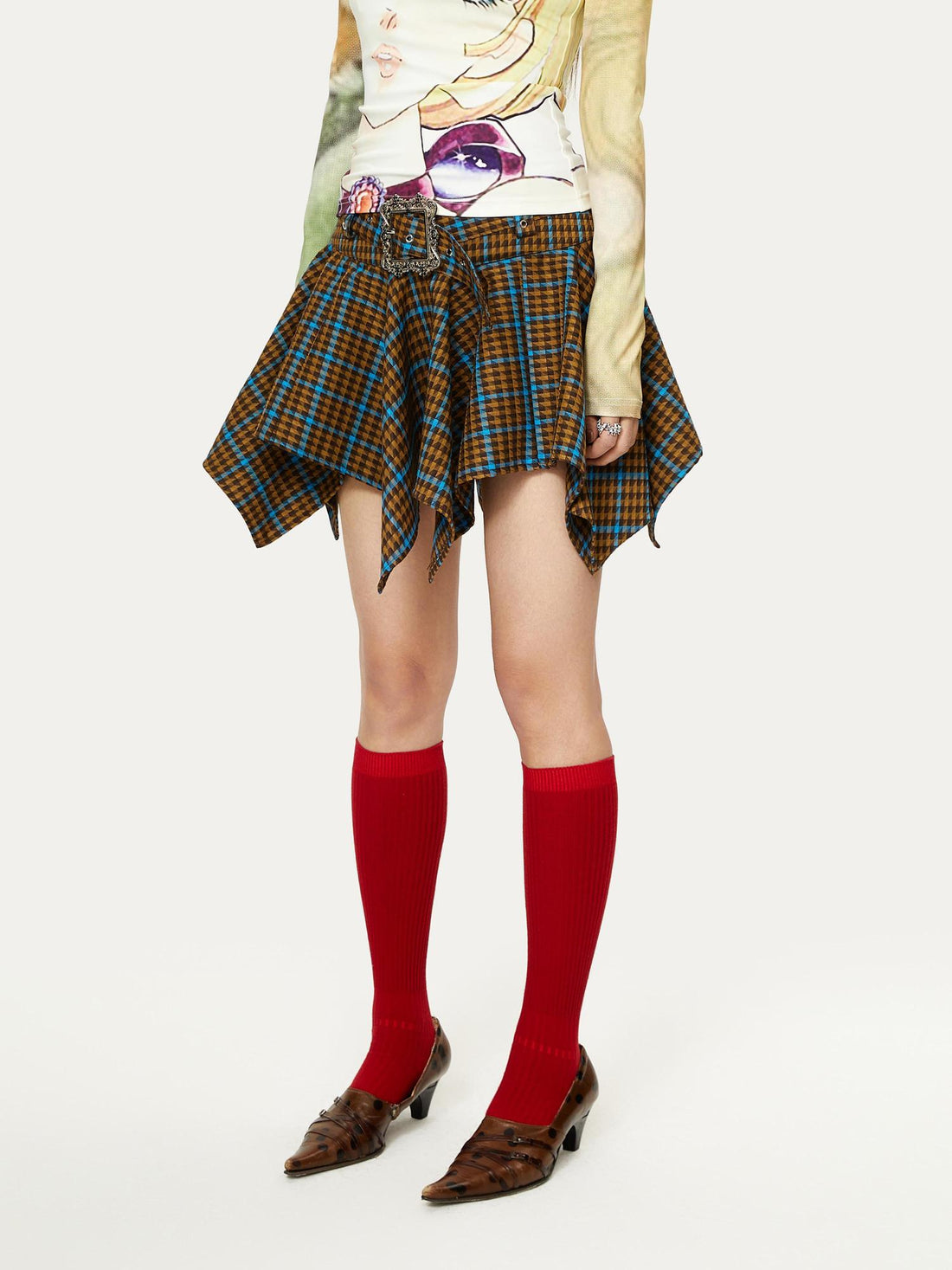 YOSHUYUKI Vintage Punk Plaid Drop Waist Asymmetrical Skirt