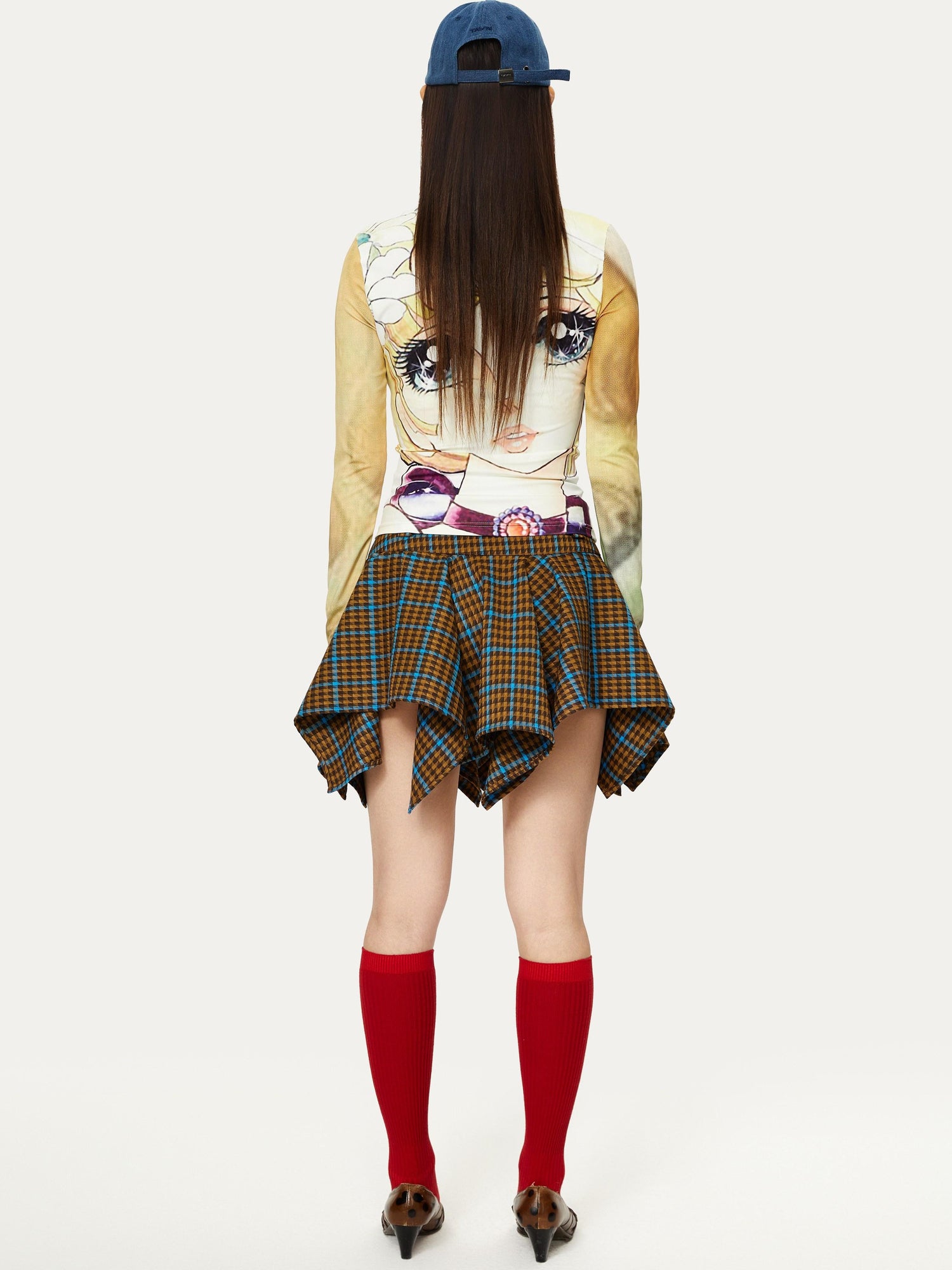 YOSHUYUKI Vintage Punk Plaid Drop Waist Asymmetrical Skirt