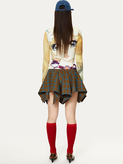 YOSHUYUKI Vintage Punk Plaid Drop Waist Asymmetrical Skirt