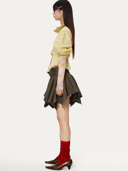 YOSHUYUKI Vintage Punk Plaid Drop Waist Asymmetrical Skirt