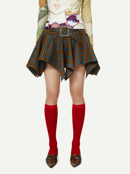 YOSHUYUKI Vintage Punk Plaid Drop Waist Asymmetrical Skirt