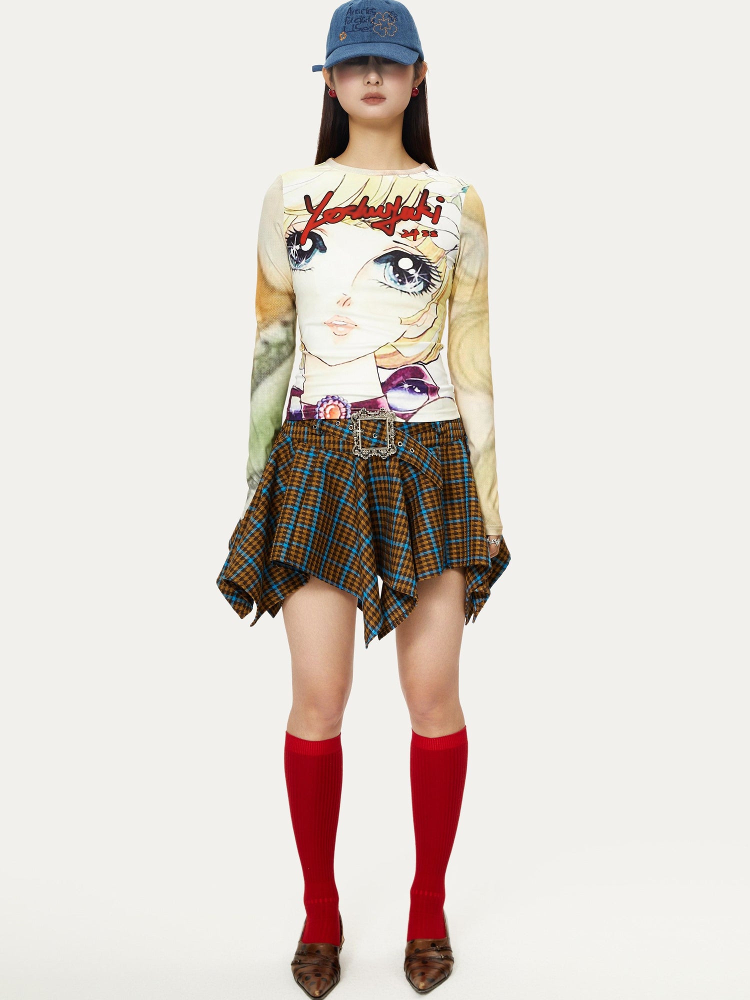 YOSHUYUKI Vintage Punk Plaid Drop Waist Asymmetrical Skirt