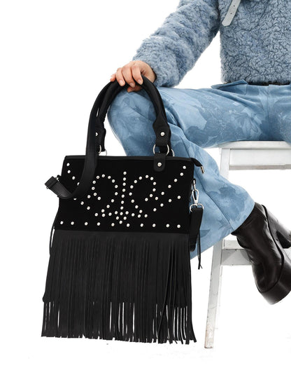 YOSHUYUKI Vintage Punk Studded Crossbody Bag With Fringe