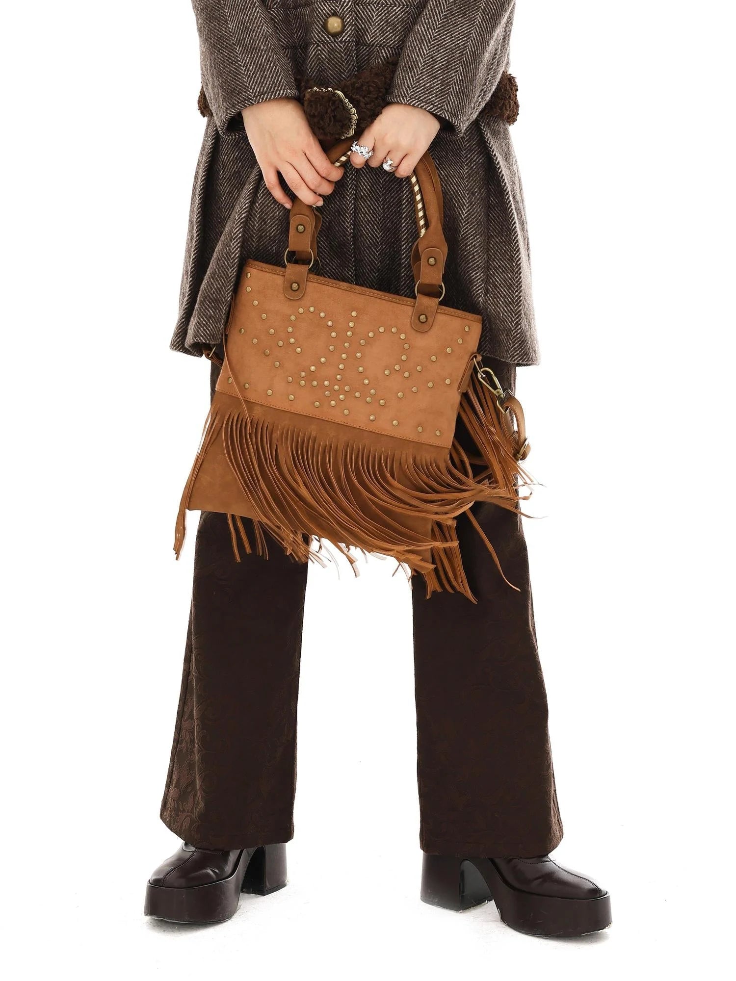 Vintage Punk Studded Crossbody Bag With Fringe