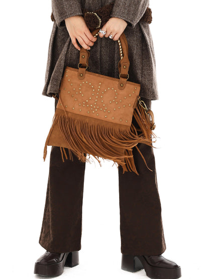 YOSHUYUKI Vintage Punk Studded Crossbody Bag With Fringe