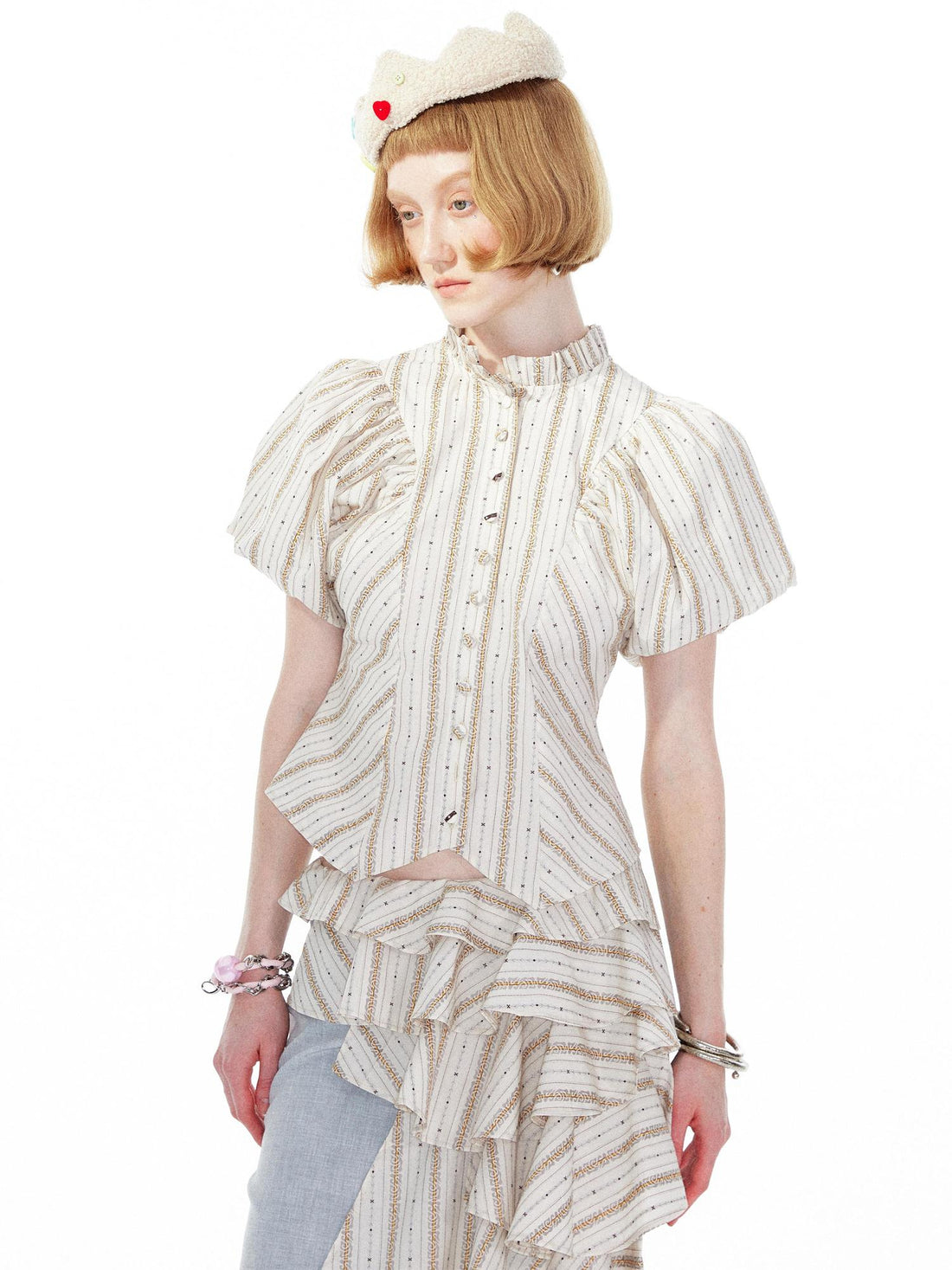 YOSHUYUKI Vintage Stripe Blouse With Puffed Sleeves