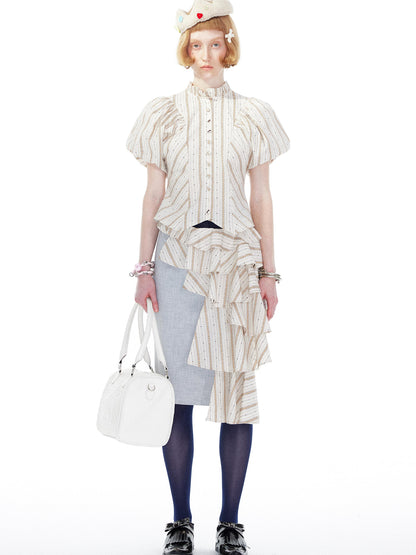 YOSHUYUKI Vintage Stripe Blouse With Puffed Sleeves