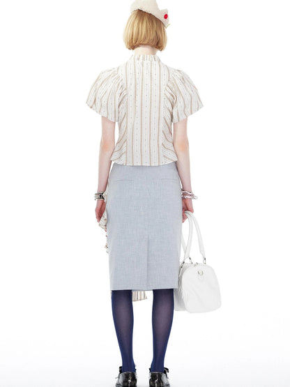 Vintage Stripe Blouse With Puffed Sleeves