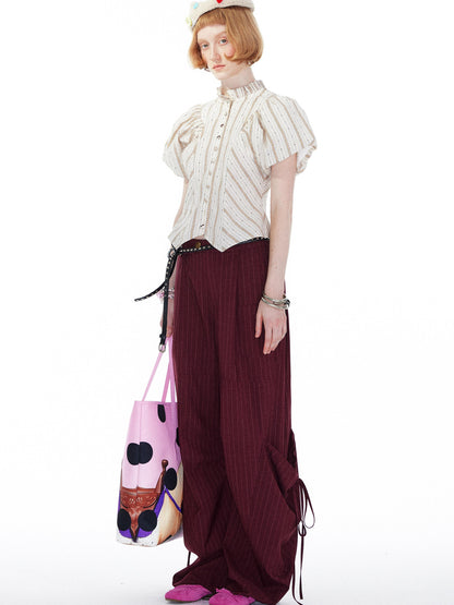 YOSHUYUKI Vintage Stripe Blouse With Puffed Sleeves
