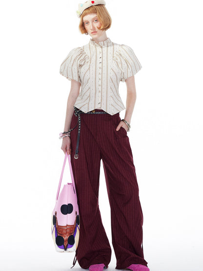 YOSHUYUKI Vintage Stripe Blouse With Puffed Sleeves