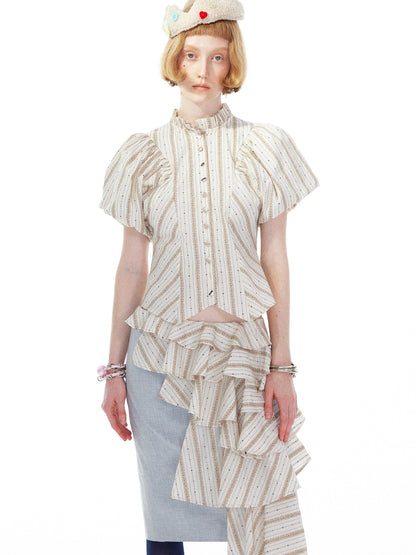 YOSHUYUKI Vintage Stripe Blouse With Puffed Sleeves
