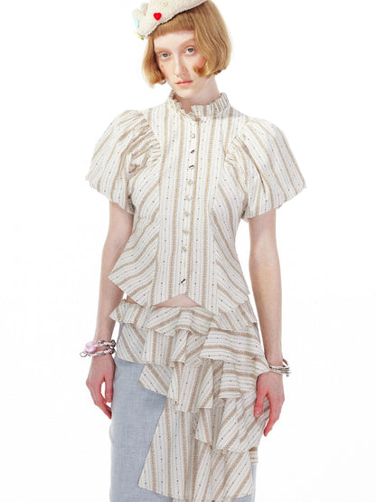 YOSHUYUKI Vintage Stripe Blouse With Puffed Sleeves