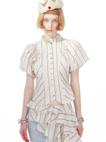 YOSHUYUKI Vintage Stripe Blouse With Puffed Sleeves