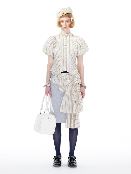 YOSHUYUKI Vintage Stripe Blouse With Puffed Sleeves