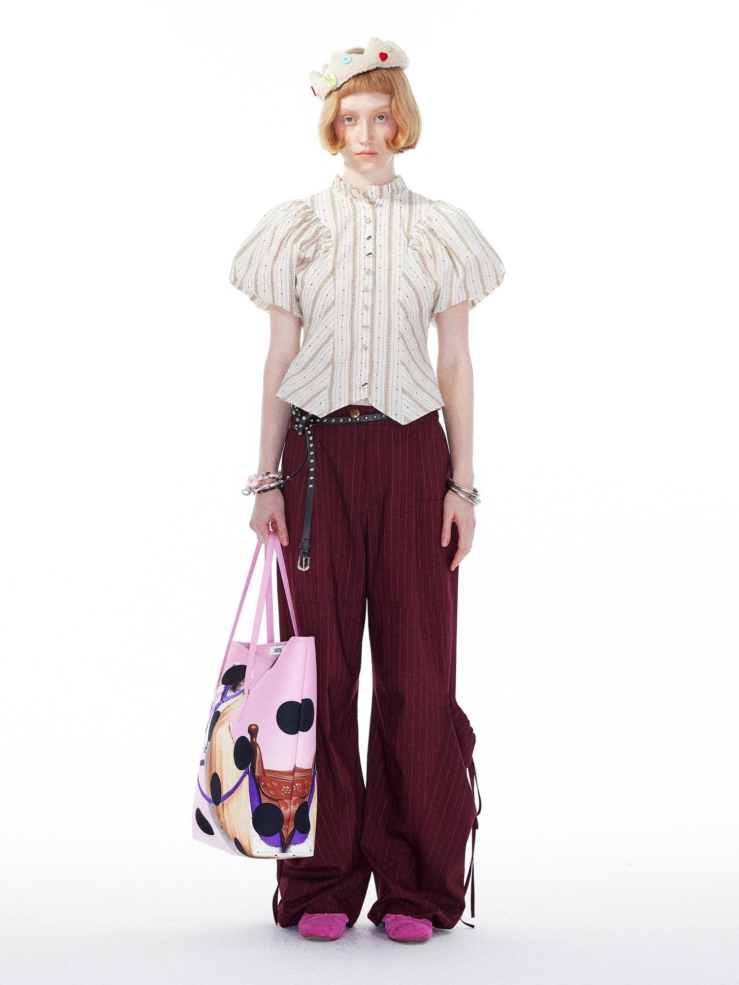 YOSHUYUKI Vintage Stripe Blouse With Puffed Sleeves