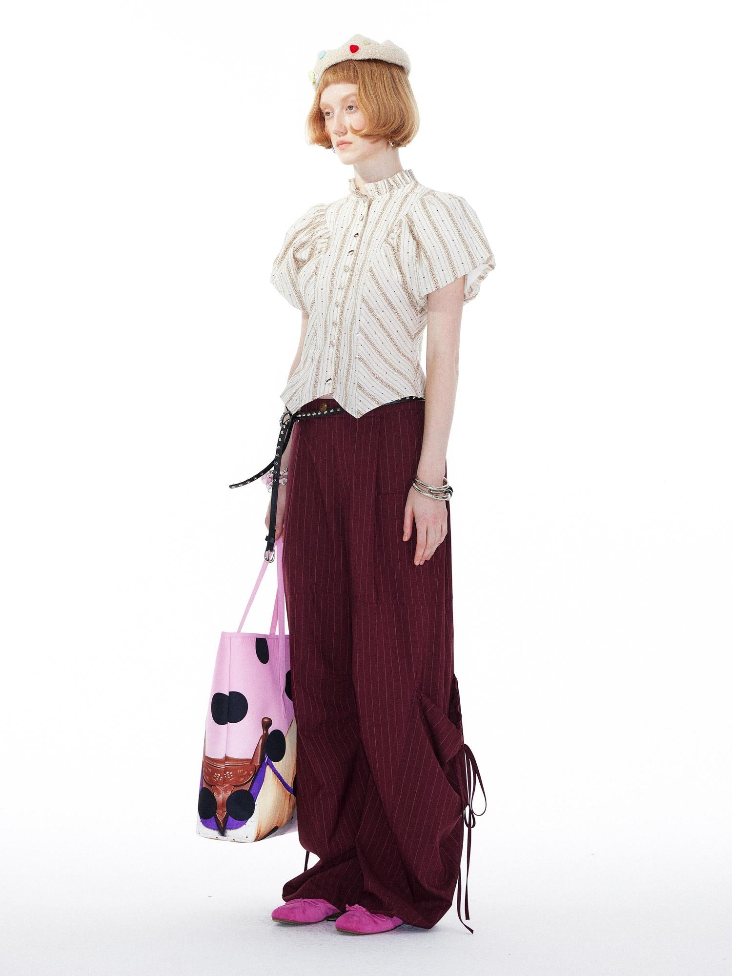 YOSHUYUKI Vintage Stripe Blouse With Puffed Sleeves